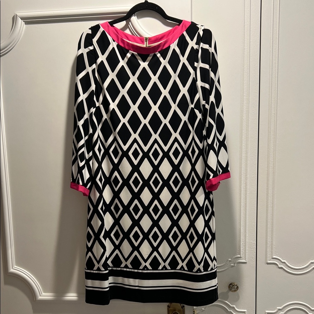 Eliza J Black and White Diamond Dress with Pink Trim